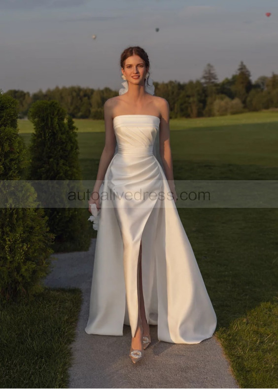 Strapless Ivory Satin Pleated Slit Wedding Dress